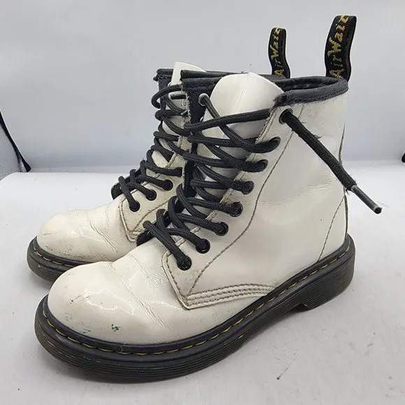 Dr Doc Martens Youth Size 13 Combat Boots White Leather Lace Up Side Zip 1460J