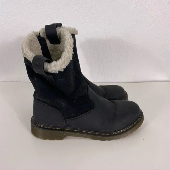 Dr. Martens Black Leather &amp; Suede with White Fur Lined Winter Boots