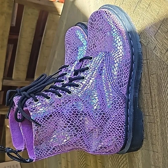 Dr. Martens Pascal Purple Snake Metallic Suede Boots 1460 Retail $180
