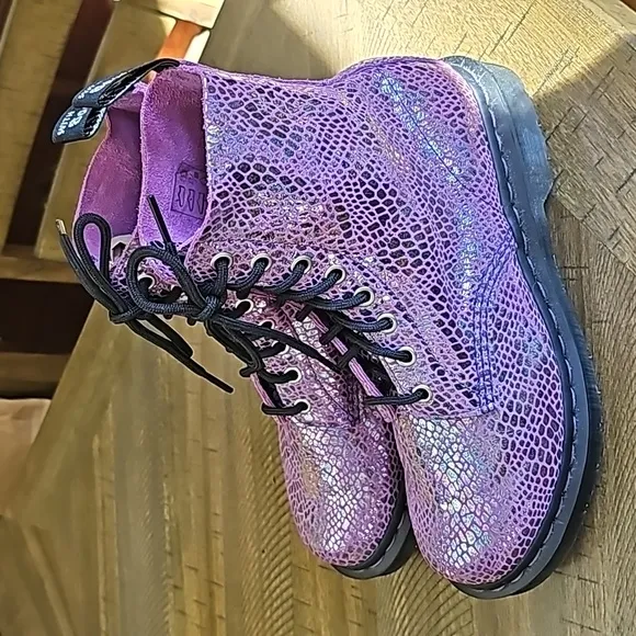 Dr. Martens Pascal Purple Snake Metallic Suede Boots 1460 Retail $180