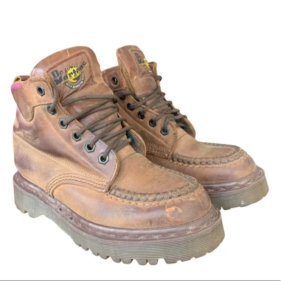 Dr. Martens Vintage MIE 90s Y2K 8058 Brown Leather Moc Toe Platform Combat Boots