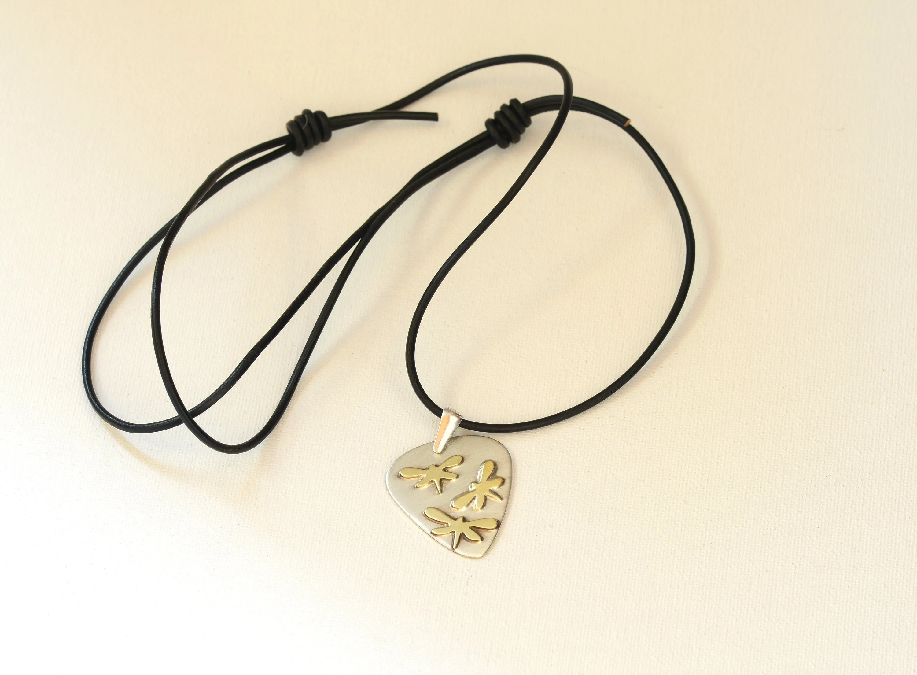Dragonfly on Guitar Pick Necklace in Sterling Silver