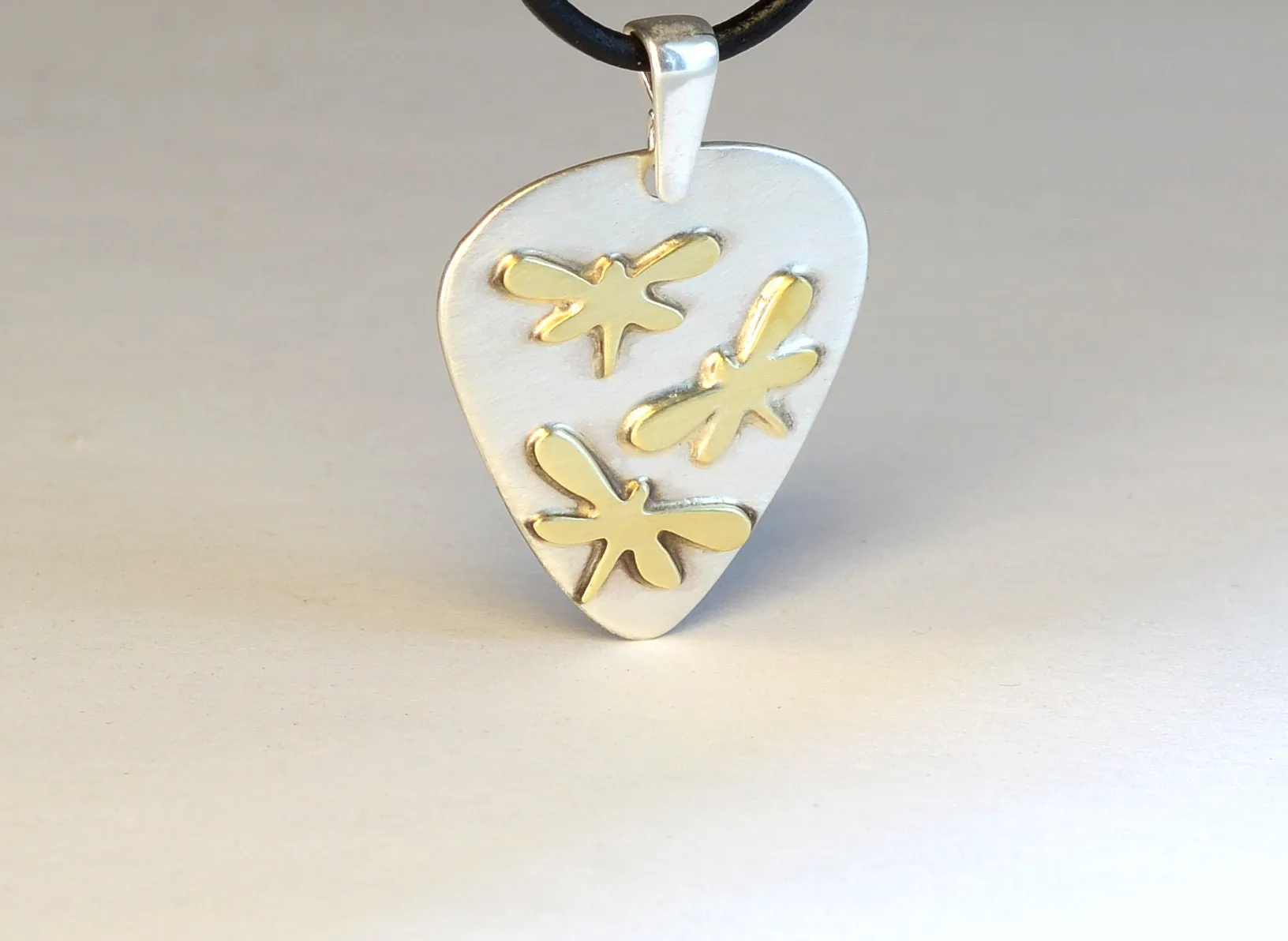 Dragonfly on Guitar Pick Necklace in Sterling Silver
