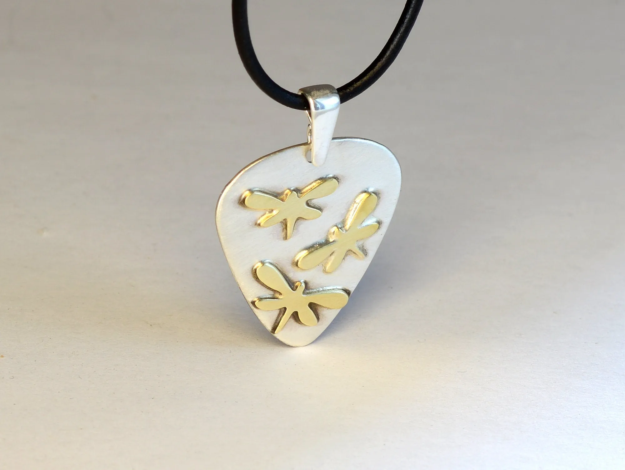Dragonfly on Guitar Pick Necklace in Sterling Silver