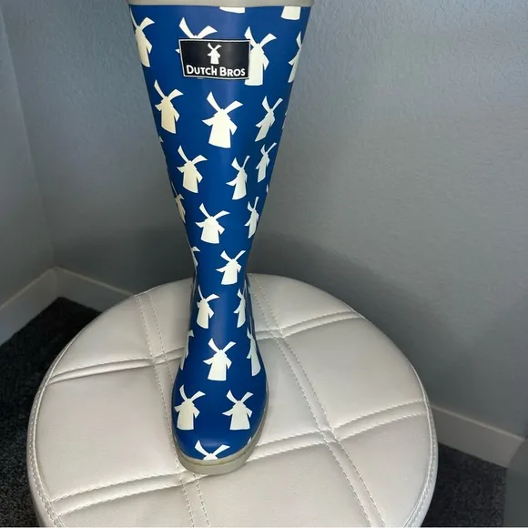 Dutch Bros Rubber Rain Boots Blue   White Windmill Women’s 5.5 DB ‘92