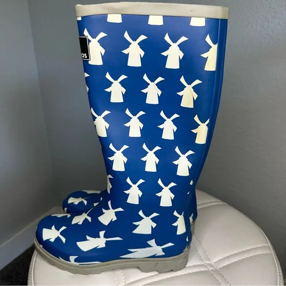 Dutch Bros Rubber Rain Boots Blue   White Windmill Women’s 5.5 DB ‘92