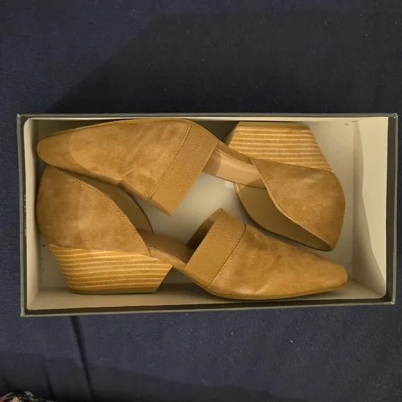 Eileen Fisher Hilly Wedge D’Orsay Tan Suede Mesh Pointed Toe Shoes Low Heels 9