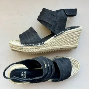 Eileen Fisher Largo Black Suede Espadrille Wedge Strappy Sandal Shoes Women 6.5
