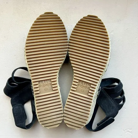 Eileen Fisher Largo Black Suede Espadrille Wedge Strappy Sandal Shoes Women 6.5