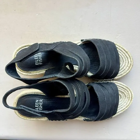 Eileen Fisher Largo Black Suede Espadrille Wedge Strappy Sandal Shoes Women 6.5