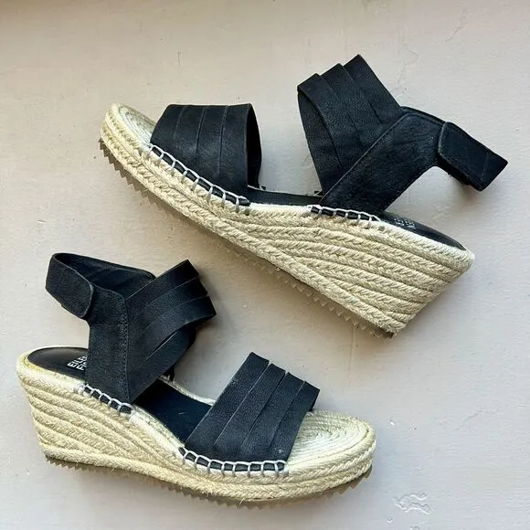 Eileen Fisher Largo Black Suede Espadrille Wedge Strappy Sandal Shoes Women 6.5