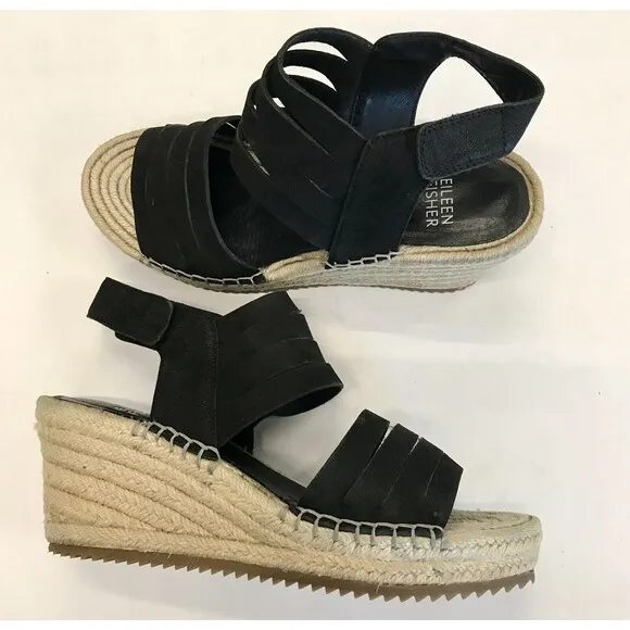 Eileen Fisher Largo Black Suede Espadrille Wedge Strappy Sandal Shoes Women 6.5