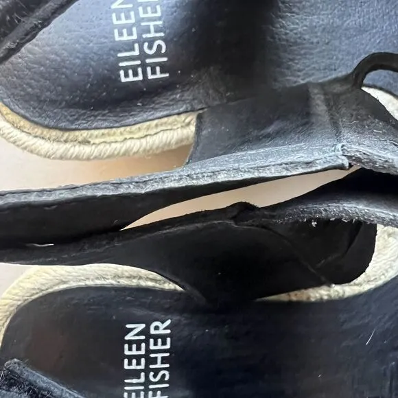 Eileen Fisher Largo Black Suede Espadrille Wedge Strappy Sandal Shoes Women 6.5