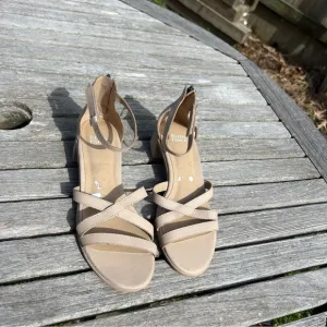 Eileen Fisher Noni Khaki Leather Heeled Strappy Sandals Women's 7.5