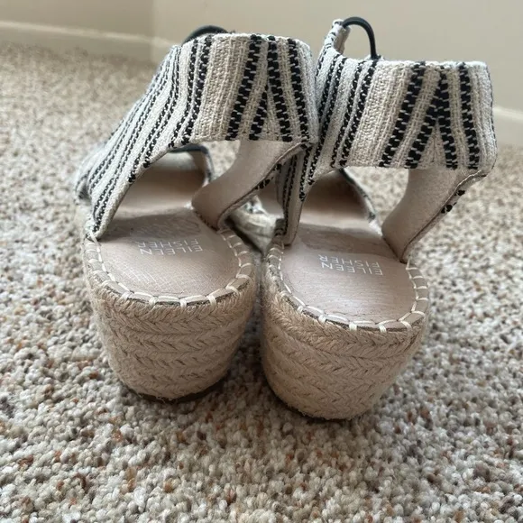 Eileen Fisher Women's Agnes Tan Black Striped Espadrille Wedge NWOT Size 9.5