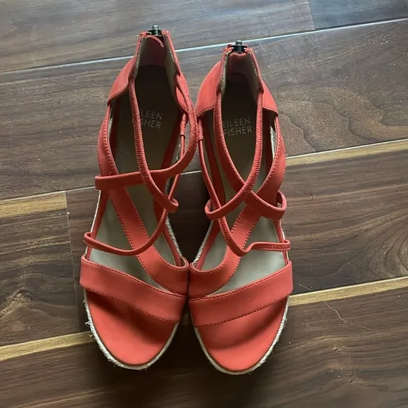 Eileen Fisher Womens Size 6 Wanda Nubuck Leather Espadrille Wedge Sandals Orange