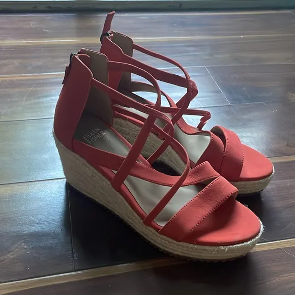 Eileen Fisher Womens Size 6 Wanda Nubuck Leather Espadrille Wedge Sandals Orange