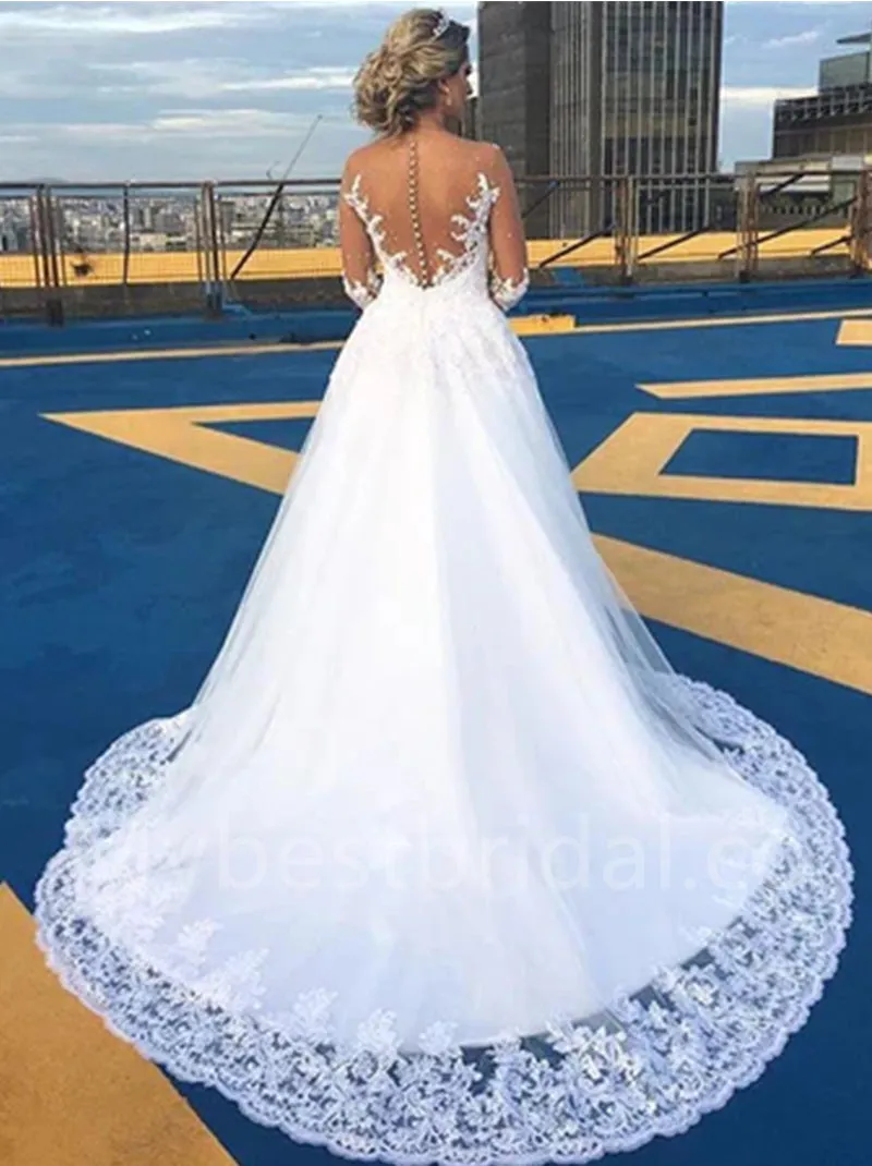 Elegant V-neck Long sleeves A-line Lace applique Wedding Dresses, WDY0295