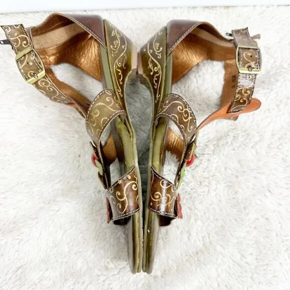 Elite by Corkys Mesa T-Strap Sandals Leather Stamped Floral Beaded Size 10