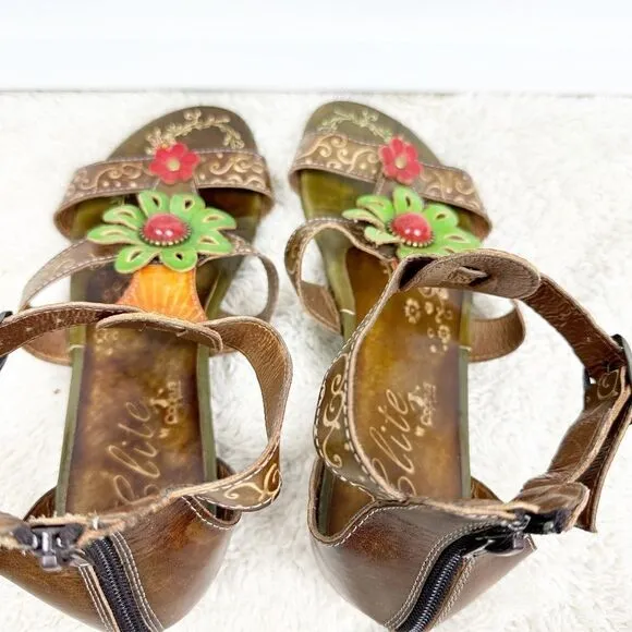 Elite by Corkys Mesa T-Strap Sandals Leather Stamped Floral Beaded Size 10