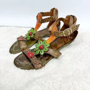 Elite by Corkys Mesa T-Strap Sandals Leather Stamped Floral Beaded Size 10