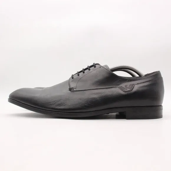 Emporio Armani Men's UK Size 10 Black Leather Plain Toe Dress Shoes Lace Up