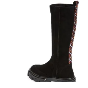 Farm Rio Boots Knee High Lug Sole Black Suede Tall Chunky Embroidery Sz 9