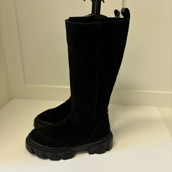 Farm Rio Boots Knee High Lug Sole Black Suede Tall Chunky Embroidery Sz 9