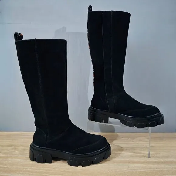 Farm Rio Boots Long Suede Womens Shoe Black Vegan Leather Platform Size 7.5