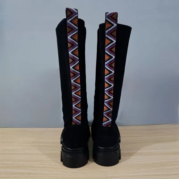Farm Rio Boots Long Suede Womens Shoe Black Vegan Leather Platform Size 7.5