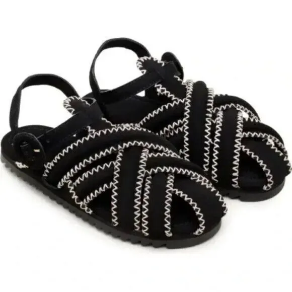 FARM Rio Zigzag Stitch Sandals Womens 9 Black Leather Vegan Bohemian