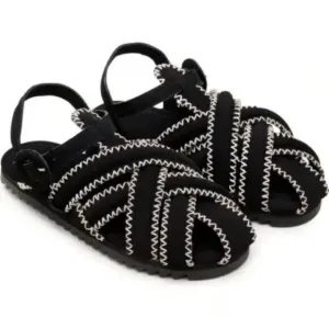 FARM Rio Zigzag Stitch Sandals Womens 9 Black Leather Vegan Bohemian
