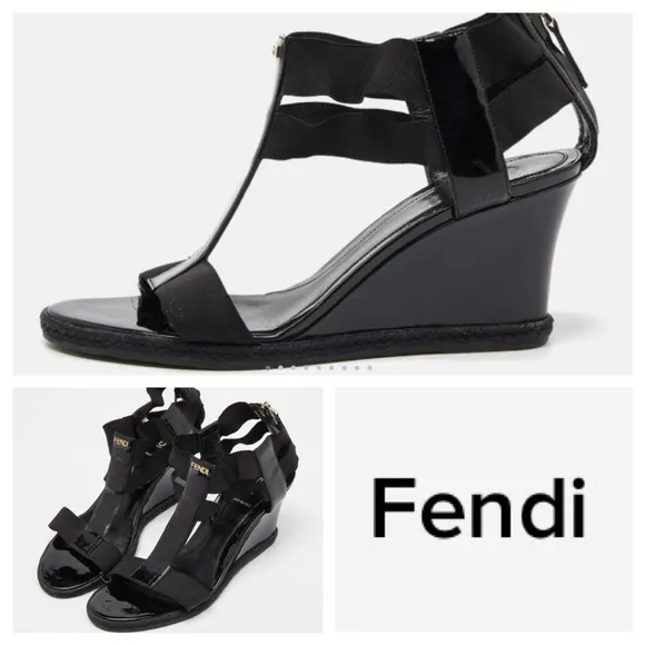 FENDI Black Patent Leather Ankle Strap Wedge Sandals With Gold FENDI Logo