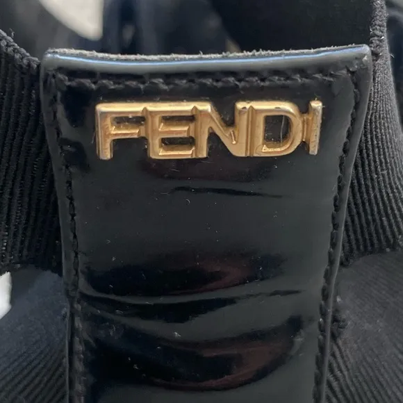 FENDI Black Patent Leather Ankle Strap Wedge Sandals With Gold FENDI Logo