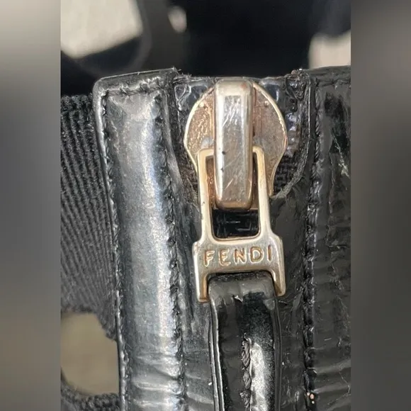 FENDI Black Patent Leather Ankle Strap Wedge Sandals With Gold FENDI Logo