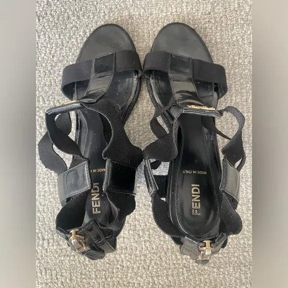 FENDI Black Patent Leather Ankle Strap Wedge Sandals With Gold FENDI Logo