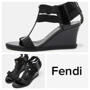 FENDI Black Patent Leather Ankle Strap Wedge Sandals With Gold FENDI Logo