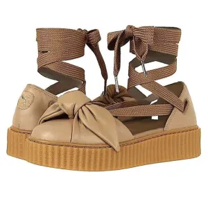 Fenty X Puma Rihanna Bow Creeper Ankle Laced Tan Leather Platform Sandals 7.5