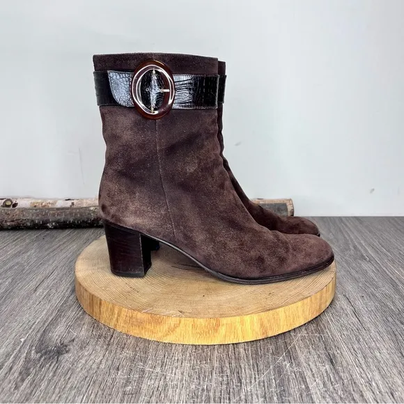 *Ferragamo | Brown Suede Heeled Boots with Snake Skin Belt Size 9AAAA
