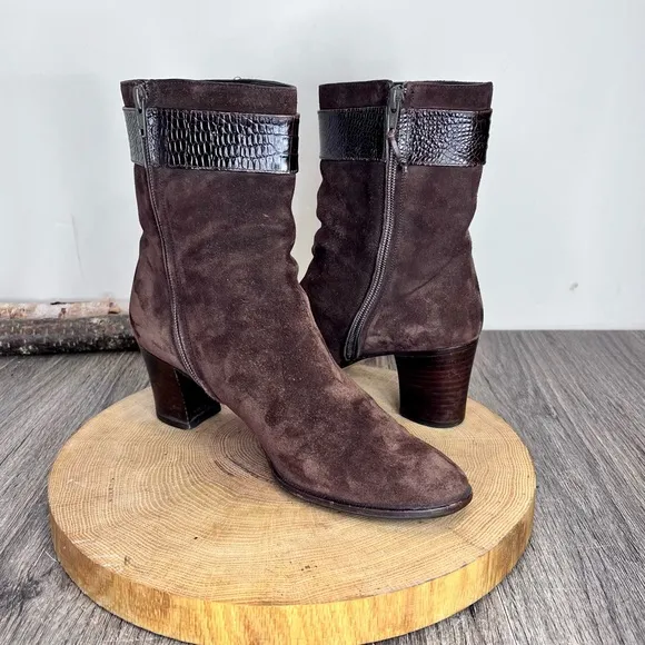 *Ferragamo | Brown Suede Heeled Boots with Snake Skin Belt Size 9AAAA