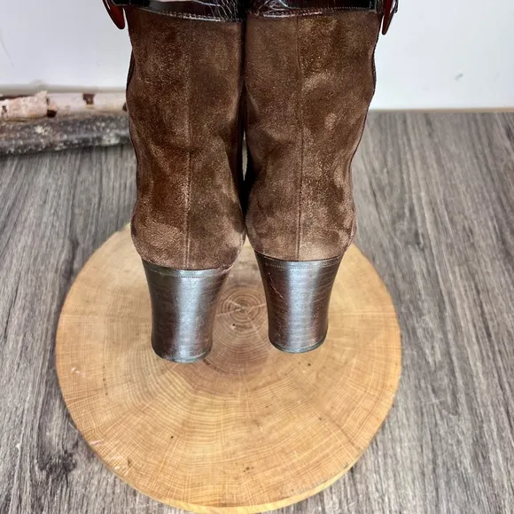 *Ferragamo | Brown Suede Heeled Boots with Snake Skin Belt Size 9AAAA