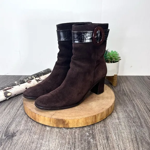 *Ferragamo | Brown Suede Heeled Boots with Snake Skin Belt Size 9AAAA