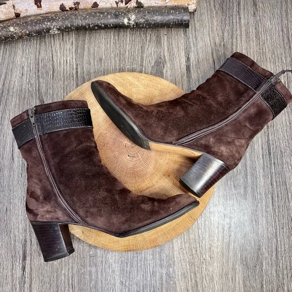 *Ferragamo | Brown Suede Heeled Boots with Snake Skin Belt Size 9AAAA