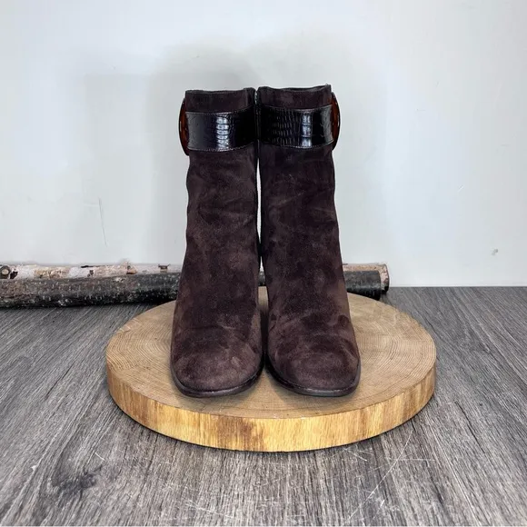 *Ferragamo | Brown Suede Heeled Boots with Snake Skin Belt Size 9AAAA