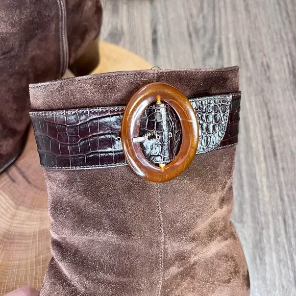 *Ferragamo | Brown Suede Heeled Boots with Snake Skin Belt Size 9AAAA