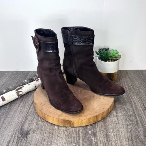*Ferragamo | Brown Suede Heeled Boots with Snake Skin Belt Size 9AAAA