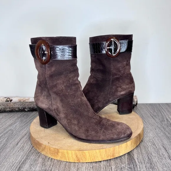 *Ferragamo | Brown Suede Heeled Boots with Snake Skin Belt Size 9AAAA