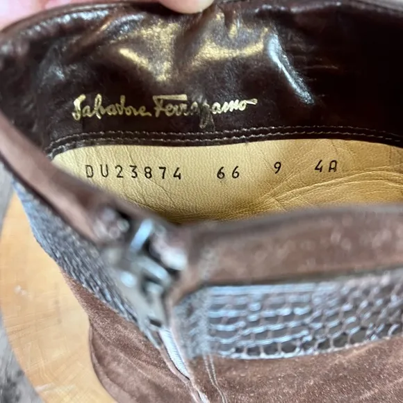 *Ferragamo | Brown Suede Heeled Boots with Snake Skin Belt Size 9AAAA