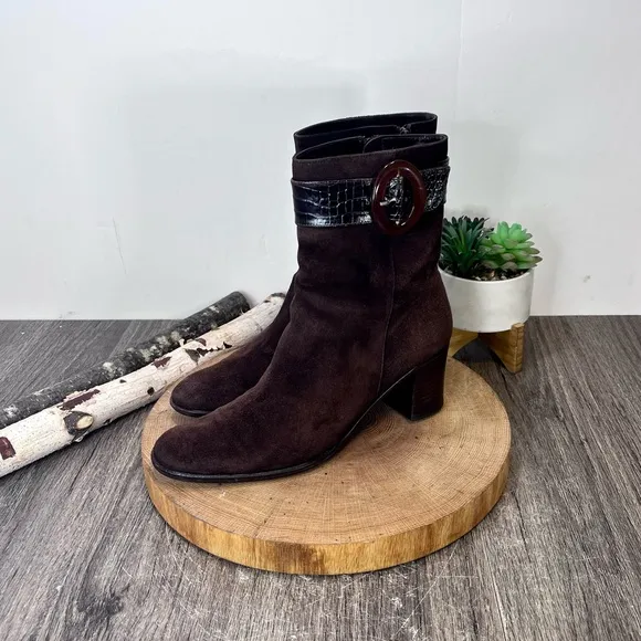 *Ferragamo | Brown Suede Heeled Boots with Snake Skin Belt Size 9AAAA