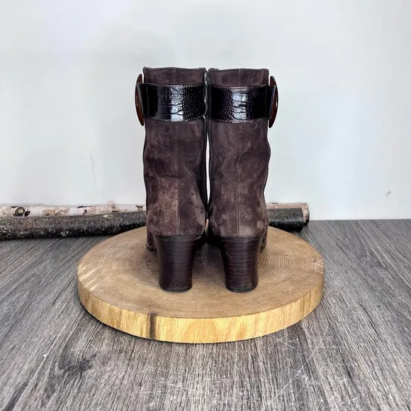 *Ferragamo | Brown Suede Heeled Boots with Snake Skin Belt Size 9AAAA